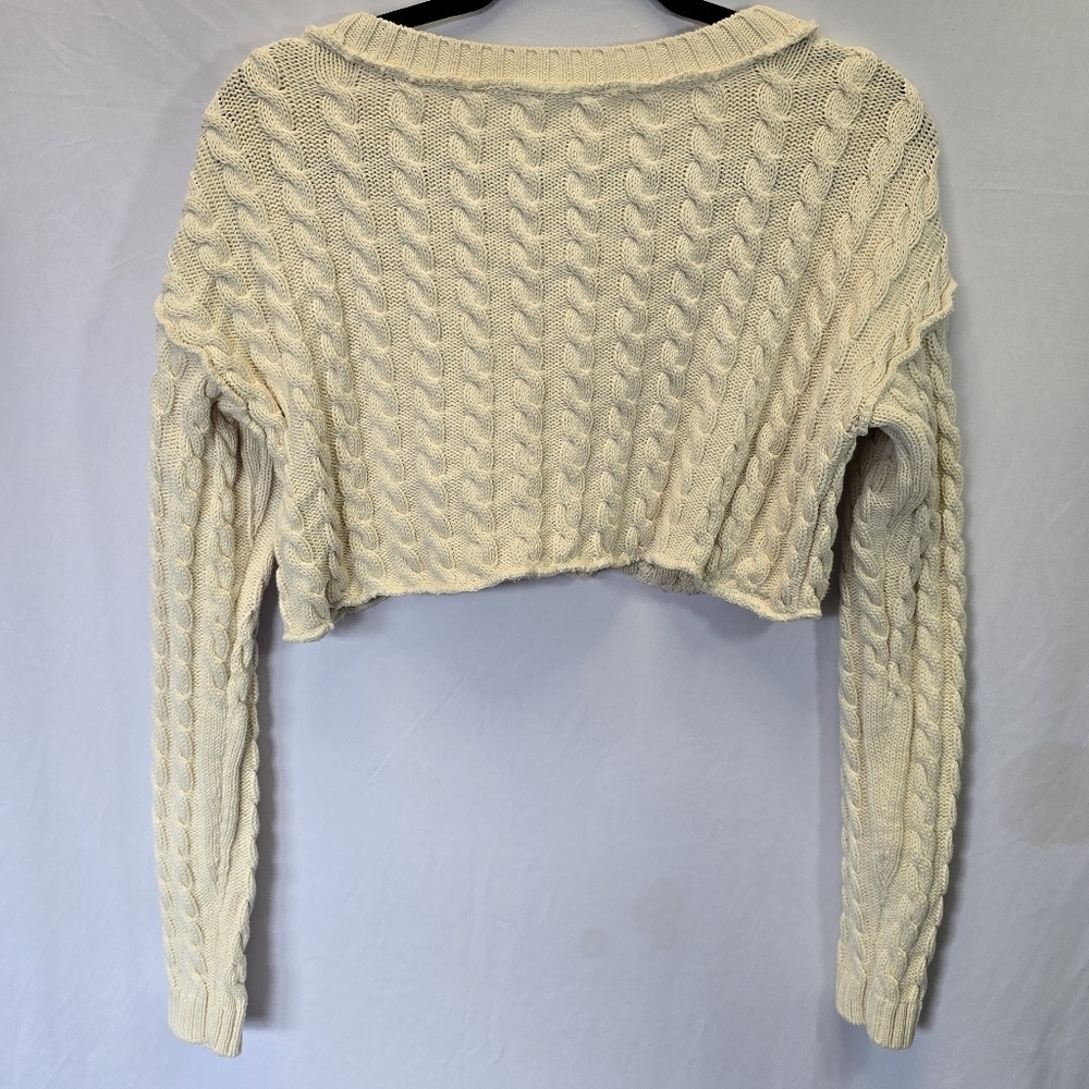 Free People Super Cropped Cable Knit Crew Neck Sweater Long Sleeve Cream, sz S - Picture 5 of 8